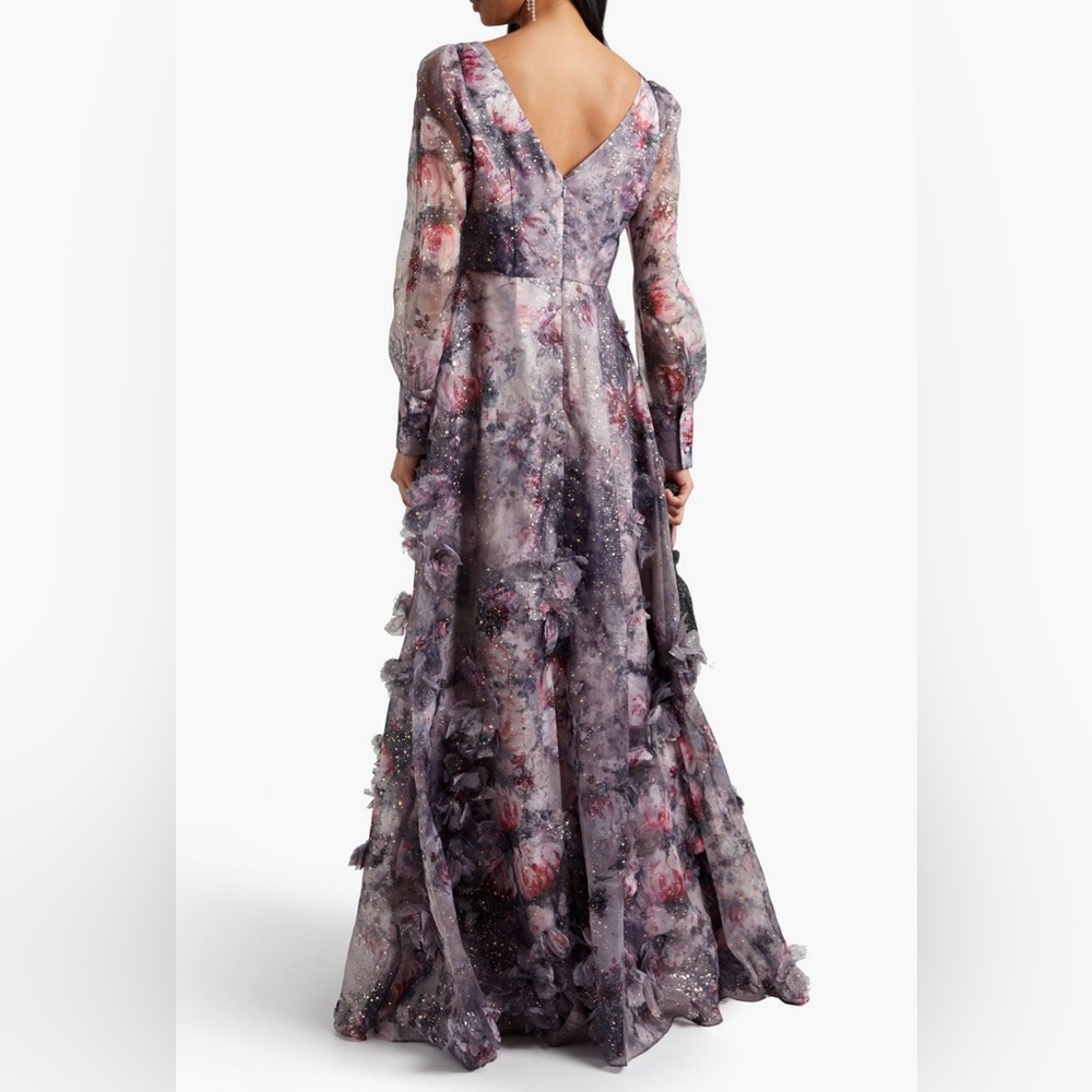 Marchesa Notte NEW Blouson Sleeve Foiled Floral Appliquéd 3D Organza Gown Sz 10 - Picture 2 of 16